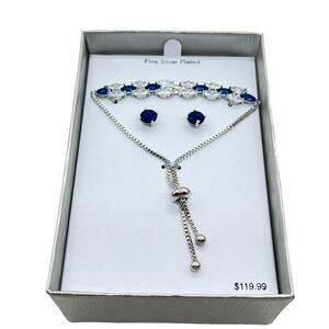 Bolo Bracelet Blue Clear Marquise Cut Stud Earrings Silver Plate CZ in Gift Box